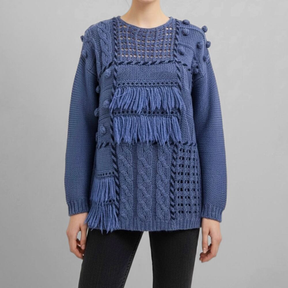 80s Wool Blend Fairy Grunge Textured Sweater Boho Periwinkle Bobble Fringe M